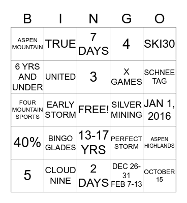 Aspen Snowmass Bingo Card