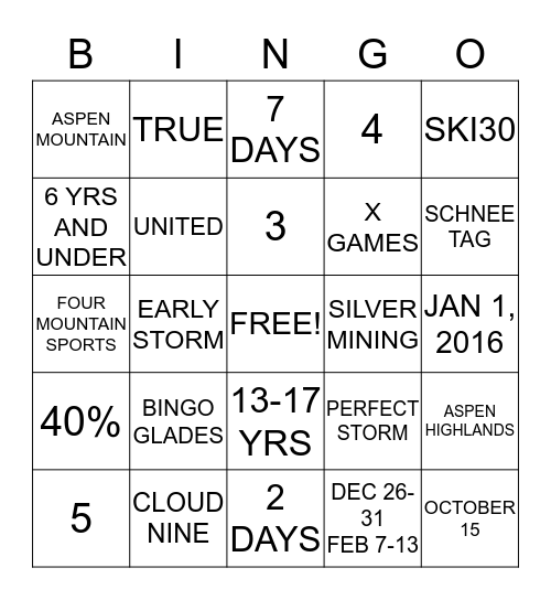 Aspen Snowmass Bingo Card