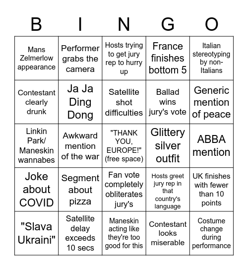 Eurovision Bingo 2022 Bingo Card