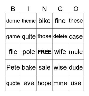 SILENT e Bingo Card