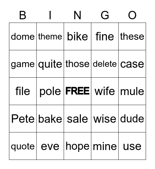 SILENT e Bingo Card