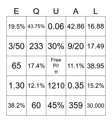 Bingo Math in Algebra Bingo Card