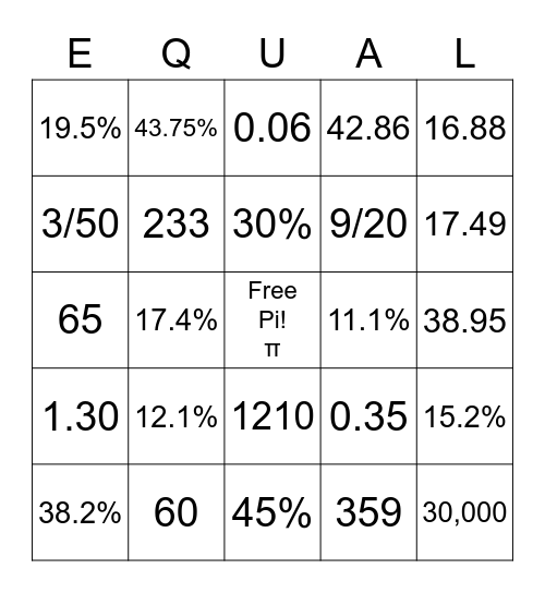 Bingo Math in Algebra Bingo Card