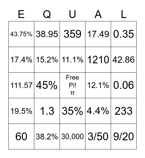 Bingo Math in Algebra Bingo Card