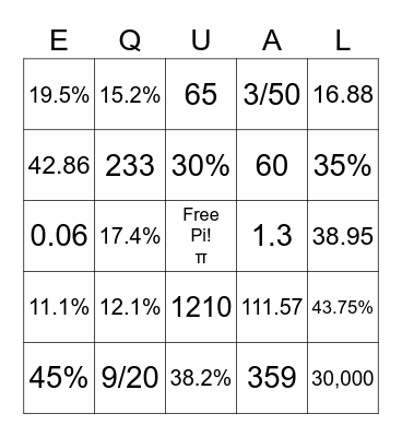 Bingo Math in Algebra Bingo Card