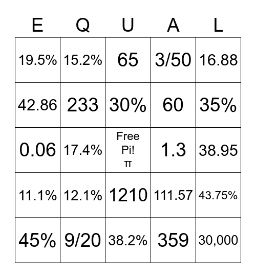 Bingo Math in Algebra Bingo Card