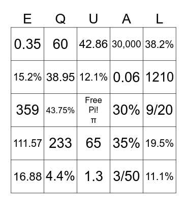 Bingo Math in Algebra Bingo Card