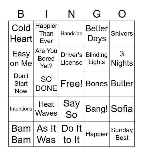 Current Music Bingo Card