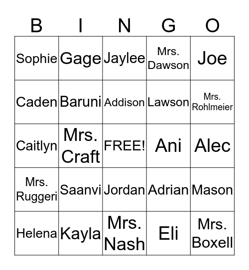 Classroom names Bingo Card