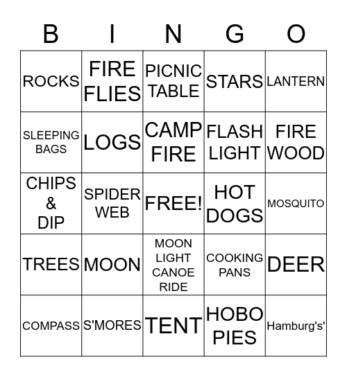 CAMPERS NIGHT OUT Bingo Card