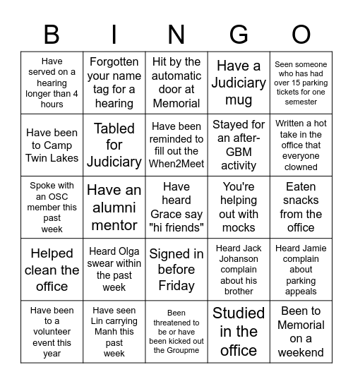 UJ Bingo Card