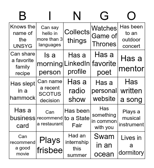 Networking Bingo Card