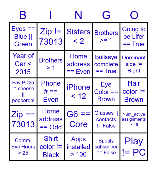 Computer Science Boolean Bingo Card