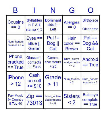 Computer Science Boolean Bingo Card