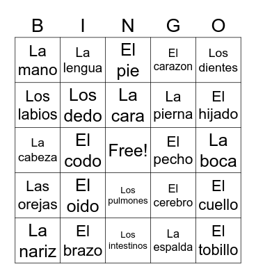 Partes Del Cuerpo Bingo Card