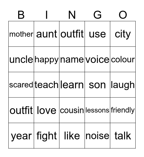 English Bingo Card