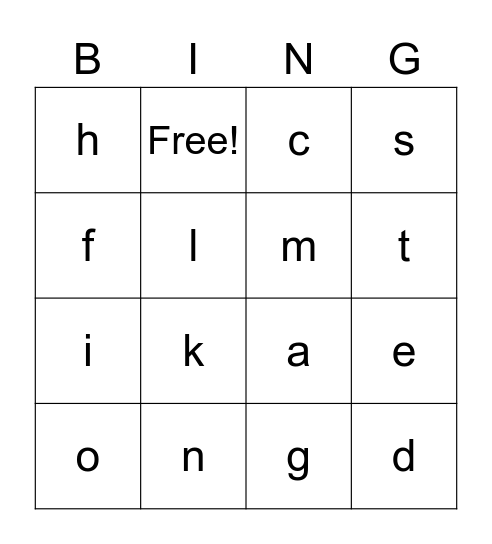 Letter k Bingo Card