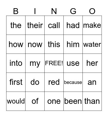 Sight Words Bingo Card