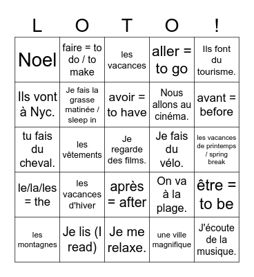 Les Vacances / Vacation Bingo Card