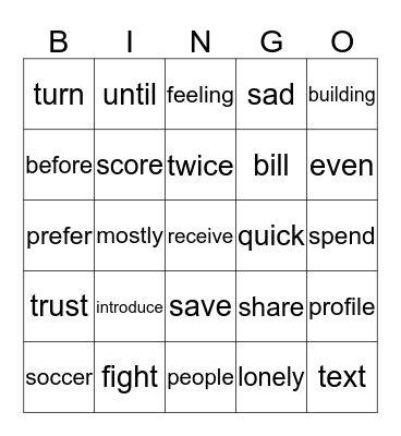 English Bingo Card