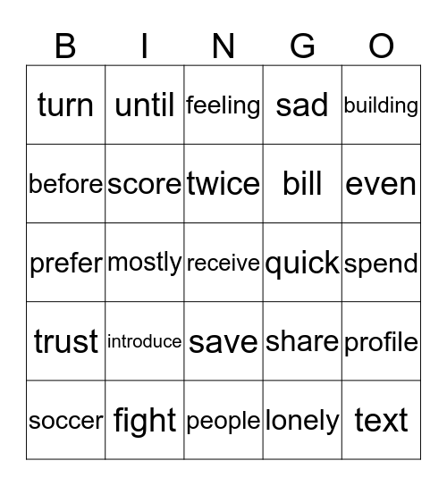 English Bingo Card