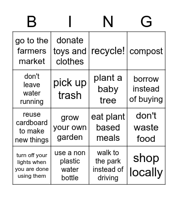 Things YOU Can do to Help our Planet Bingo Card