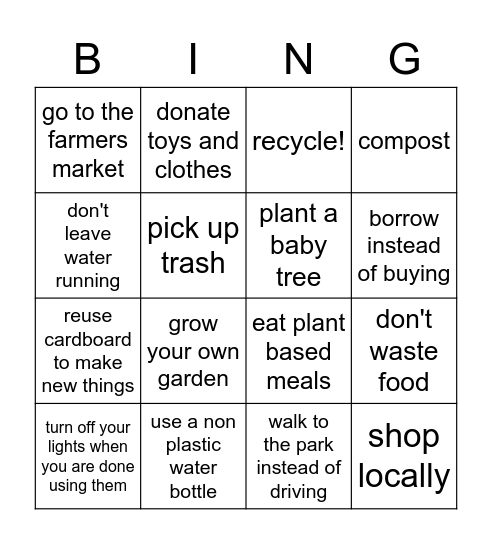 Things YOU Can do to Help our Planet Bingo Card