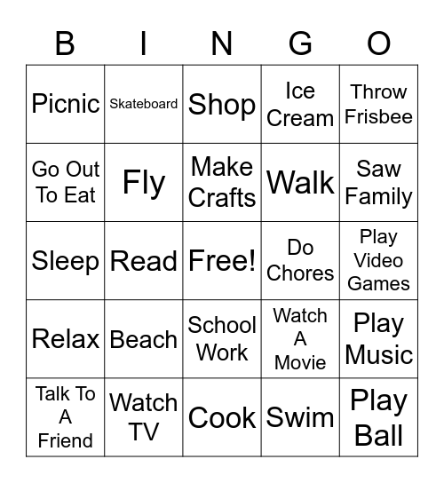 Vacation Bingo Card