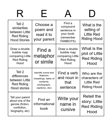 Family Literacy Night April 13th, 2022 Bingo Card