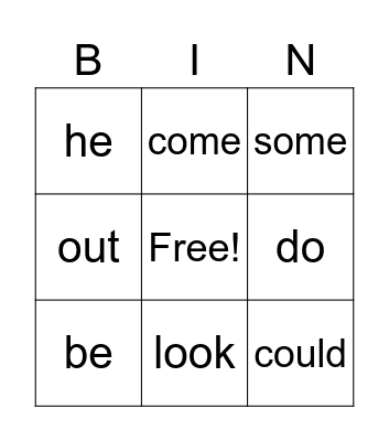 sight words Bingo Card