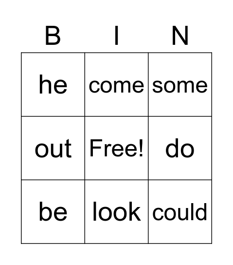 sight words Bingo Card