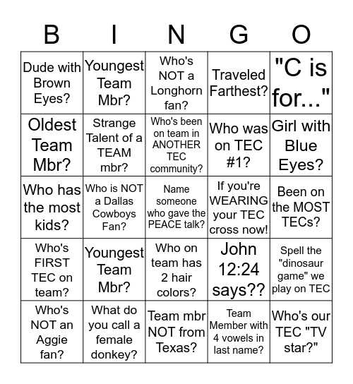 TEC Bingo Card