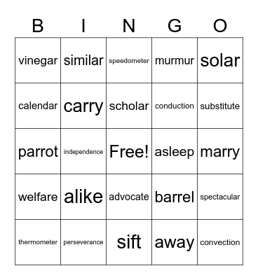 Vocabulary Bingo Card