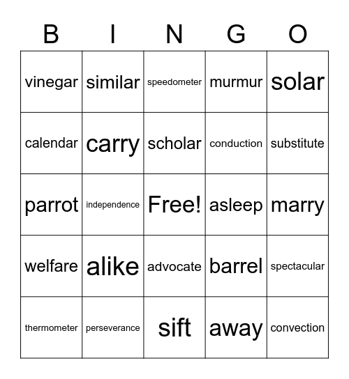 Vocabulary Bingo Card