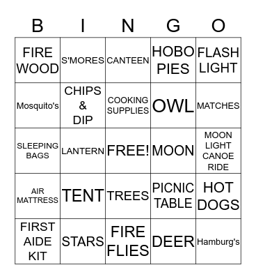 CAMPERS NIGHT OUT Bingo Card