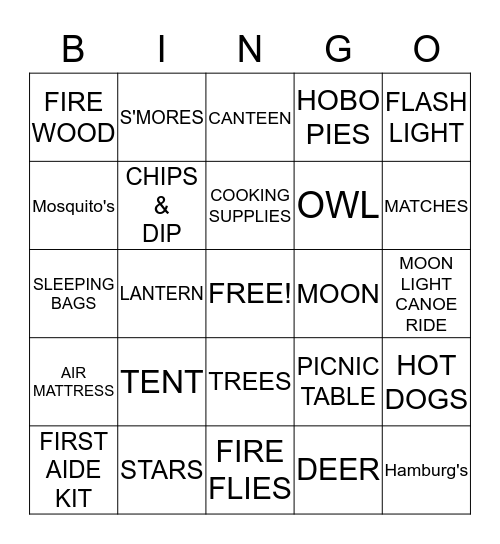 CAMPERS NIGHT OUT Bingo Card