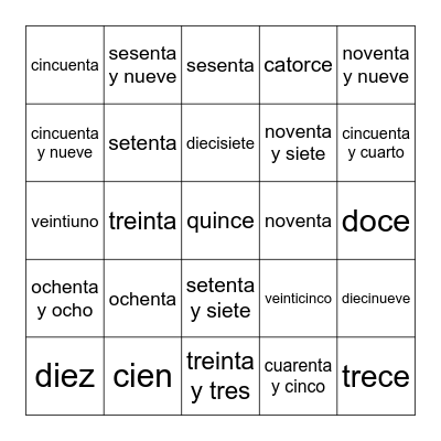 Winfield School Spanish numbers Bingo Card