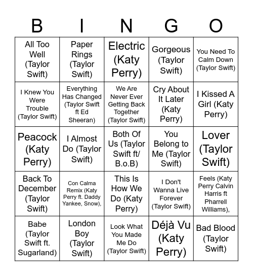 Katy Perry vs Taylor Swift Bingo Card