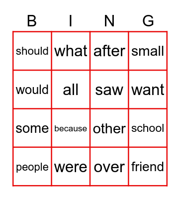 List Two Heart Words Bingo Card