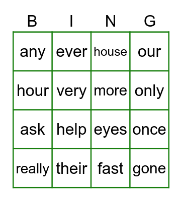 List 3 Heart Words Bingo Card