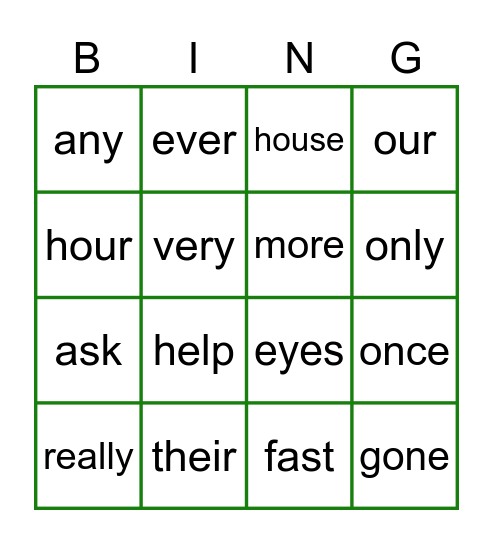 List 3 Heart Words Bingo Card