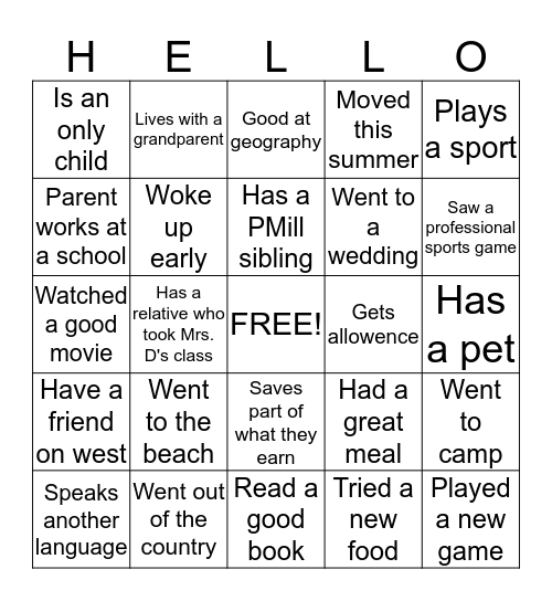 Classmate Bingo Card