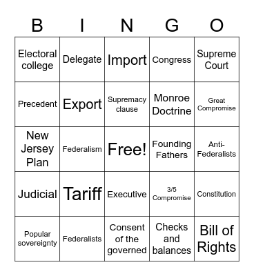 US History Vocabulary Review #1 Bingo Card