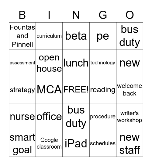Welcome Back Pinewood Staff! Bingo Card