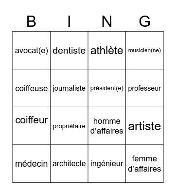 French Profession Vocab Bingo Card