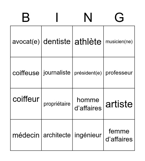 French Profession Vocab Bingo Card