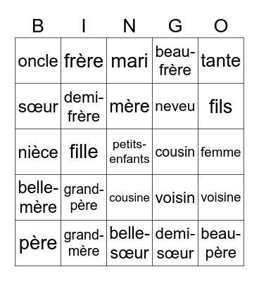 French Family Vocabulary Bingo Card