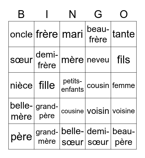 French Family Vocabulary Bingo Card