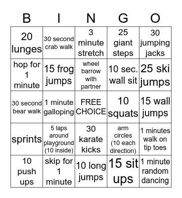 Fitness Bingo Card