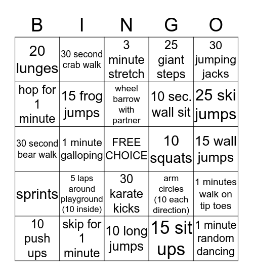 Fitness Bingo Card